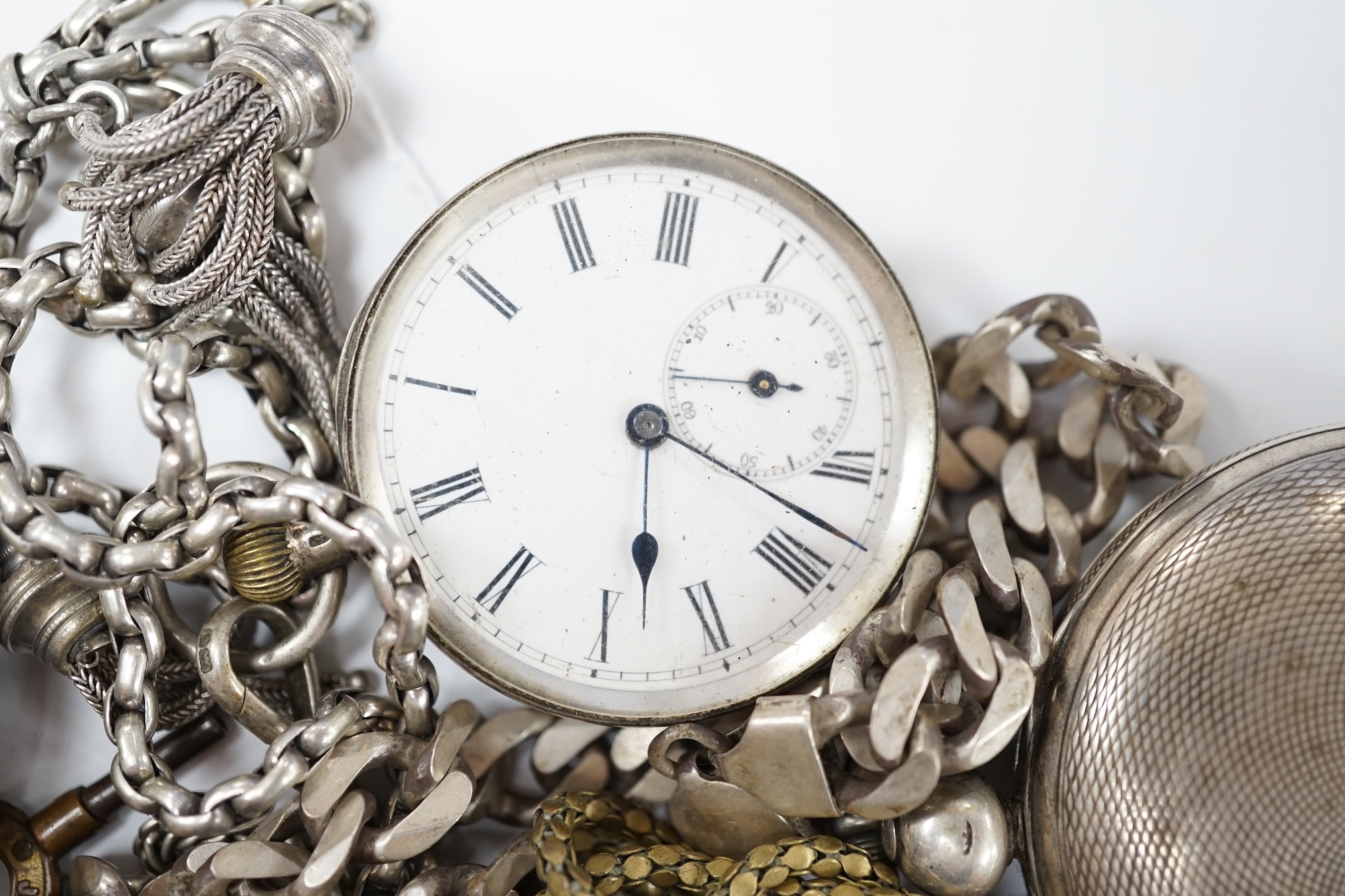 Three assorted silver pocket watches, including a hunter by Cometti, Lewes, two white metal pocket watches and two Swiss white metal fob watches, together with assorted chains including 925. Condition - poor to fair